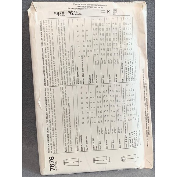 Simplicity Sewing Pattern 7676 Size 12 Pencil Skirt 9 Pieces Uncut Vintage - Picture 2 of 2